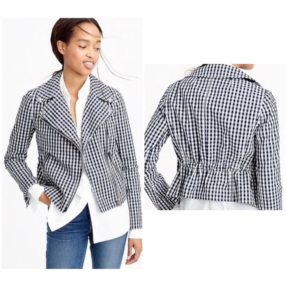 J.Crew Gingham Motorcycle Crop Jacket Womens Size 4 Linen Biker Cottage Preppy